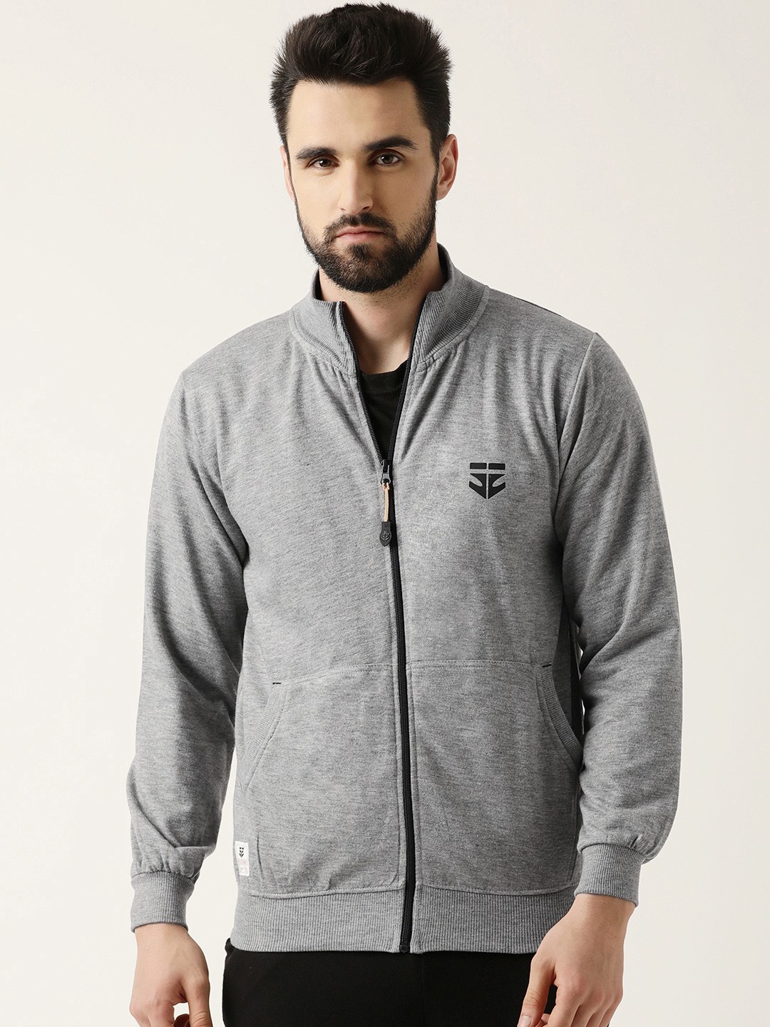 

Sports52 wear Men Grey Melange Solid Knitted Sweatshirt With Brand Logo Print Detail