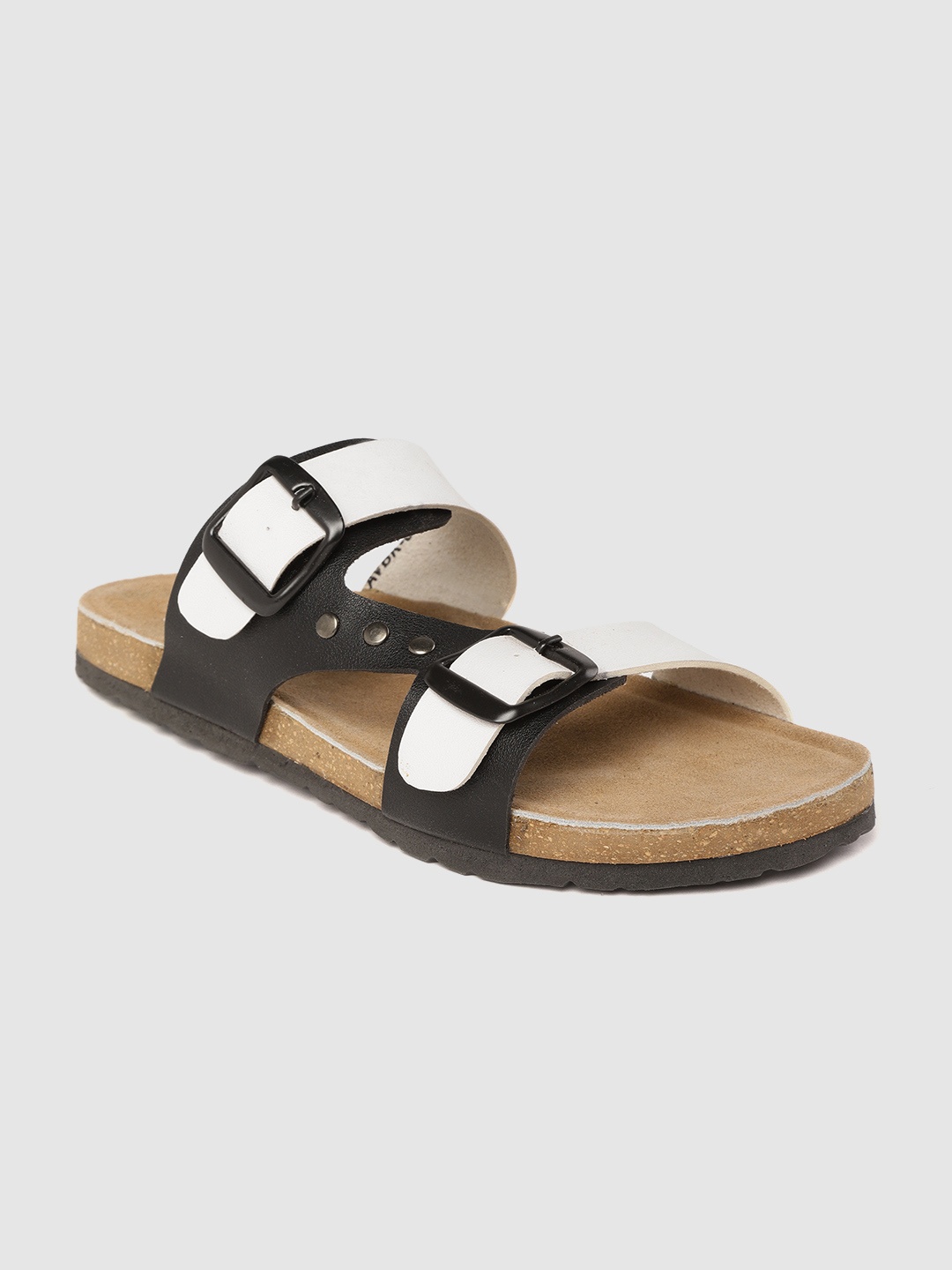 

Roadster Women Off-White & Black Colourblocked Open Toe Flats with Buckle Detail