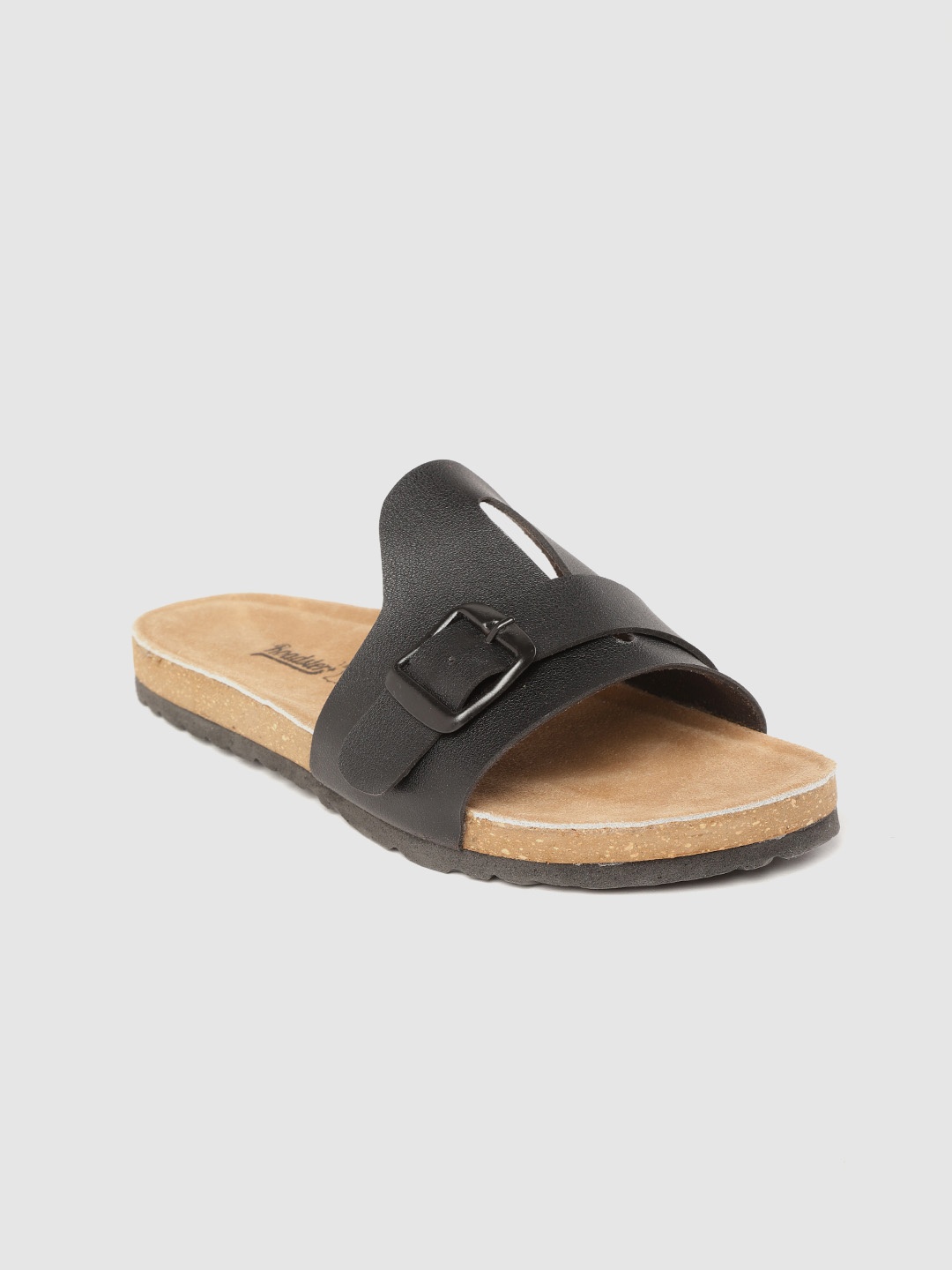 

Roadster Women Black Solid Open Toe Flats with Buckle Detail