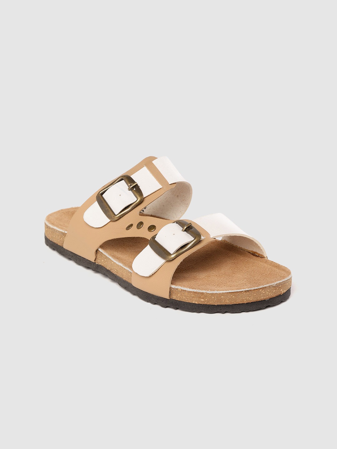 

Roadster Women White & Beige Colourblocked Open Toe Flats with Buckle & Cut-Out Detail