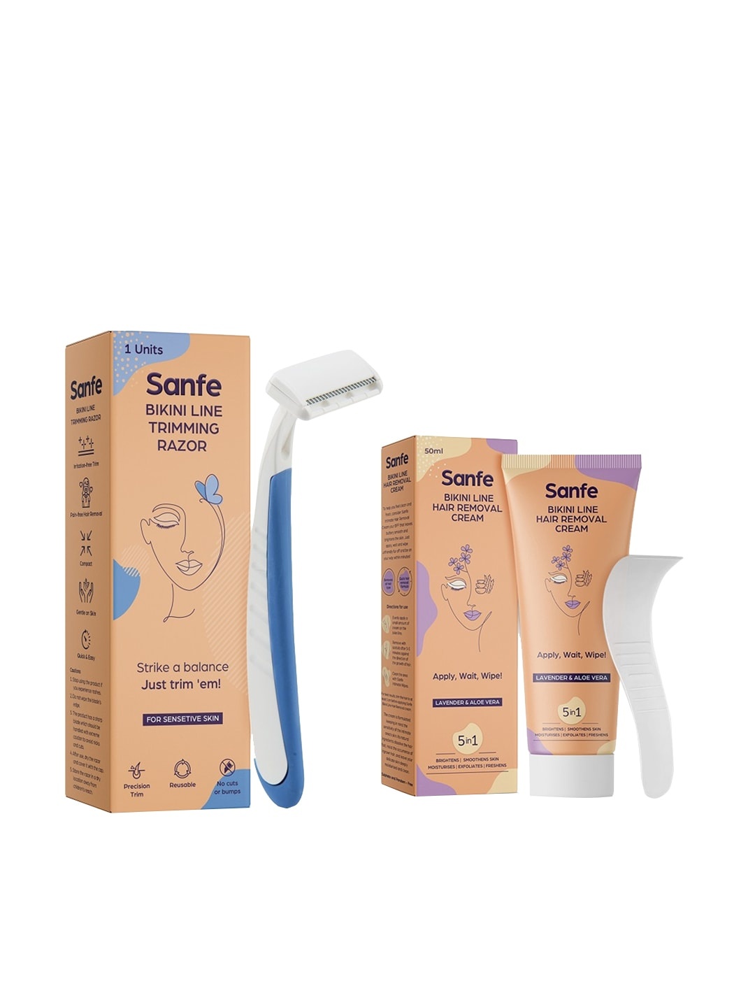 

Sanfe Set of Trimming Razor & Bikini Line Hair Removal Cream 50g, Coral