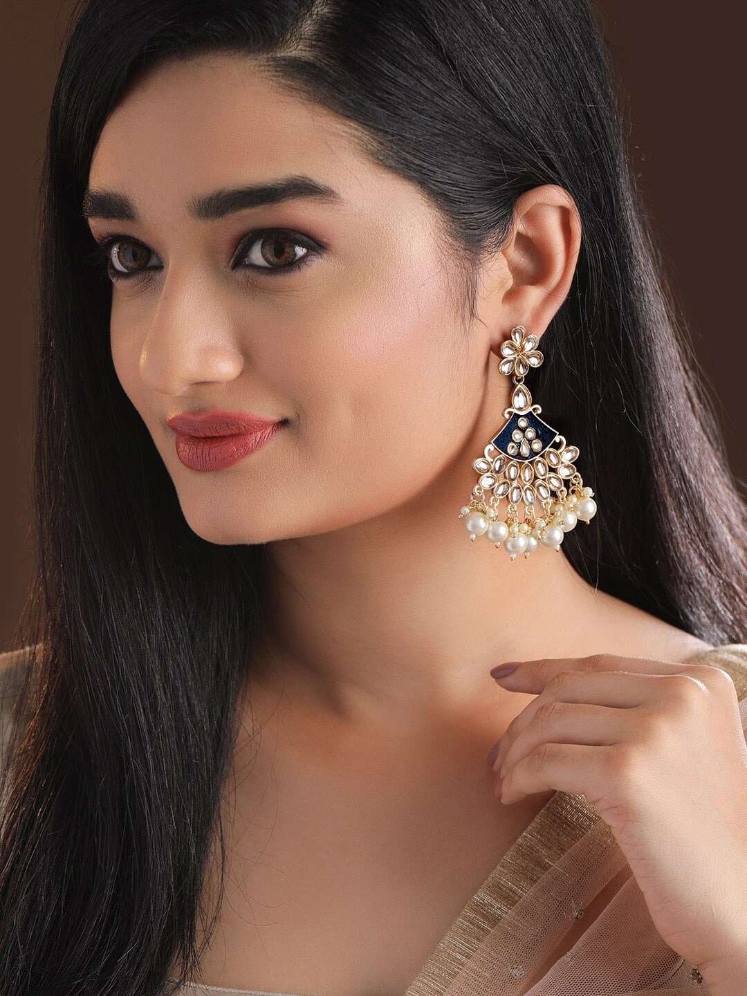

Rubans Gold-Plated White & Blue Kundan Studded & Enamel Handcrafted Drop Earrings