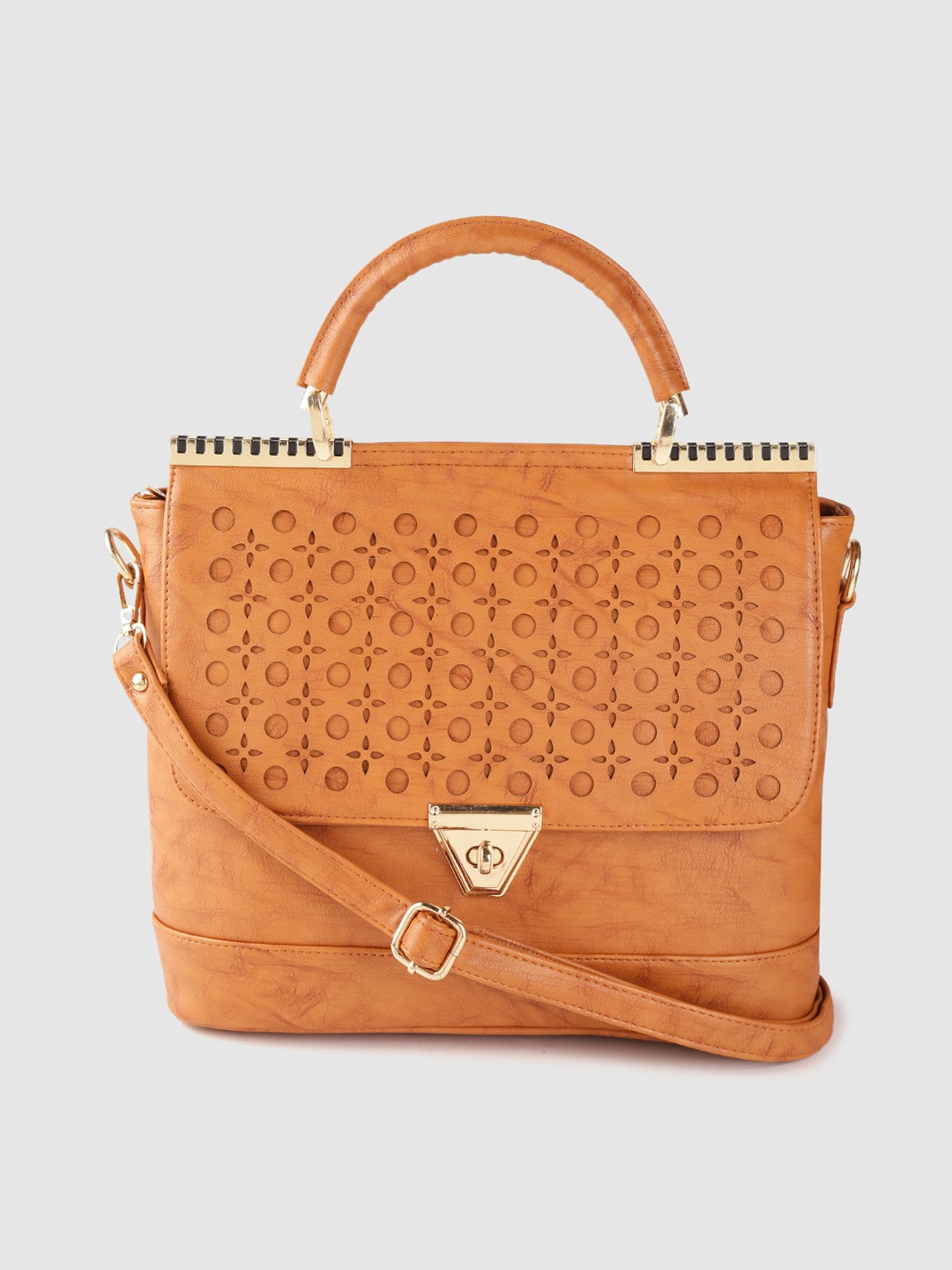 

Leather Retail Tan Brown Structured Satchel Bag with Cut Work