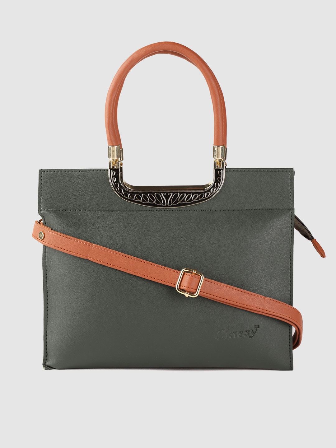 

Leather Retail Olive Green Solid Handheld Bag