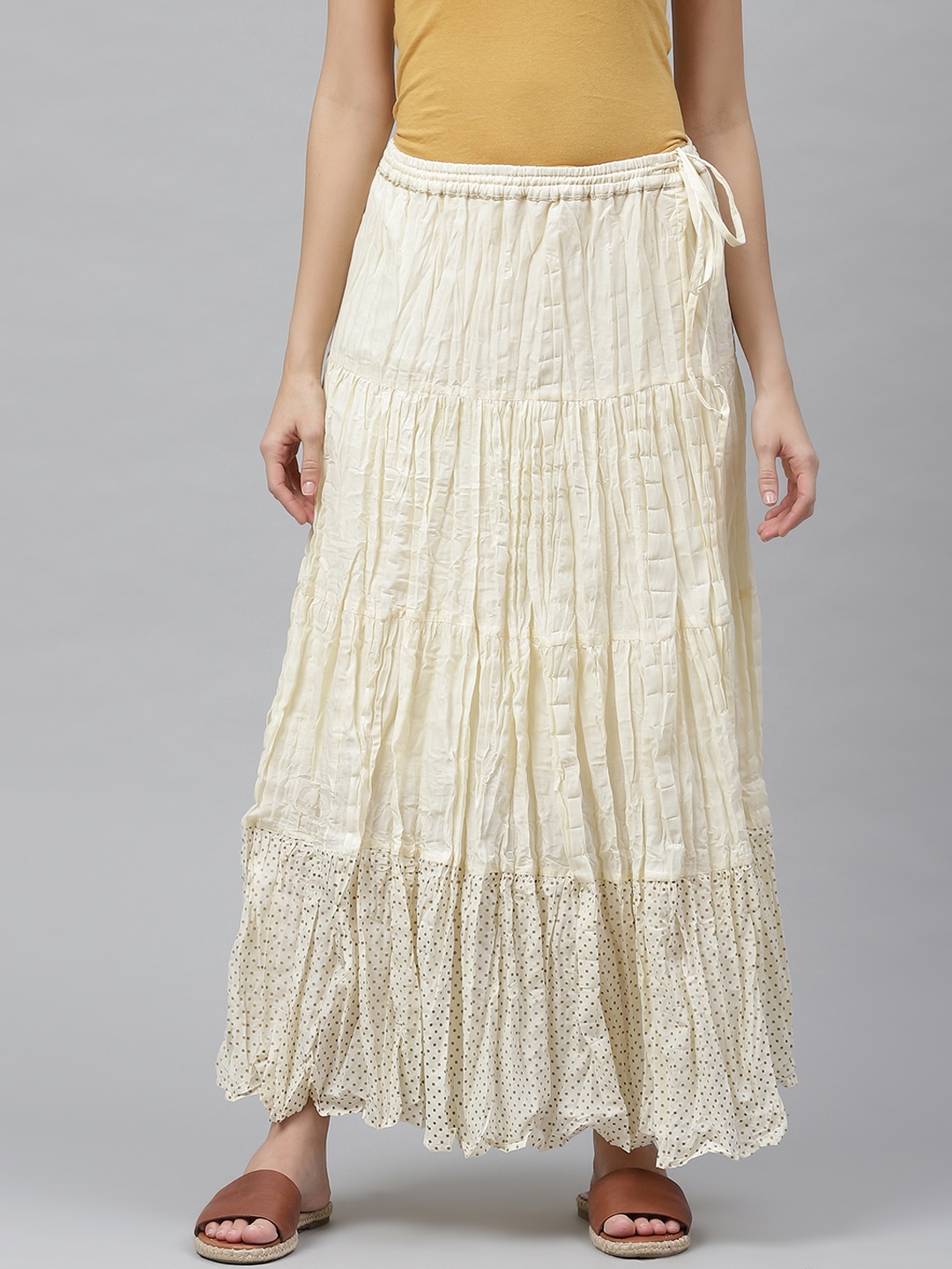 

Fabindia Women Off-White Crinkle Pure Cotton Tiered A-Line Skirt