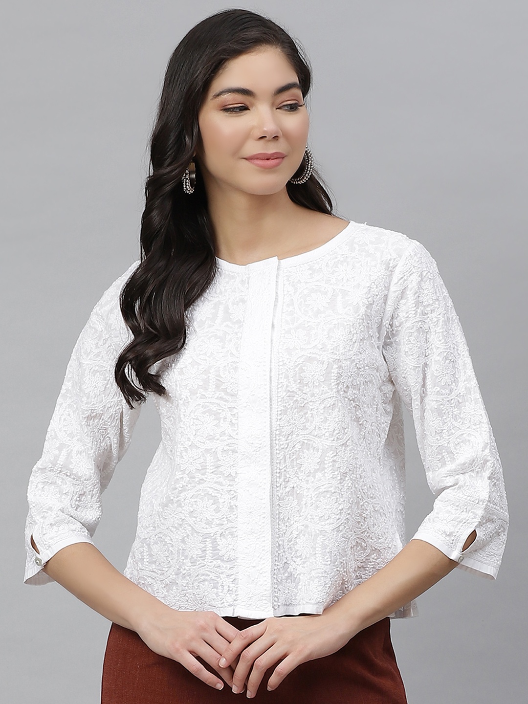 

Fabindia Women White Pure Cotton Self Design Casual Shirt
