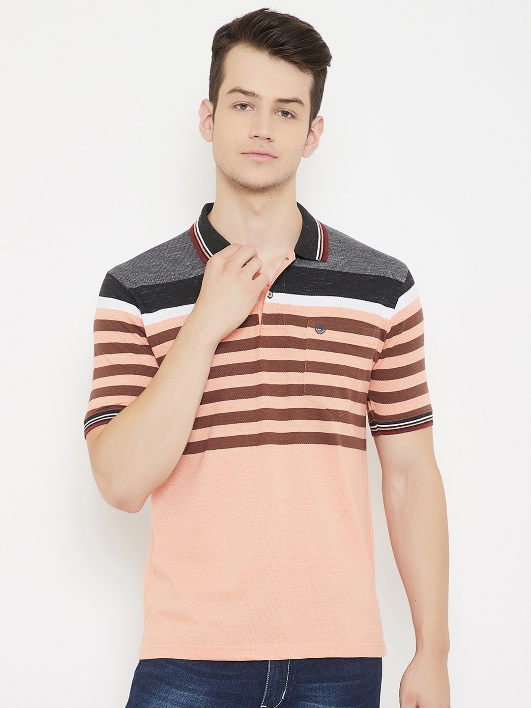 

Duke Men Peach & Brown Striped Polo Collar T-shirt