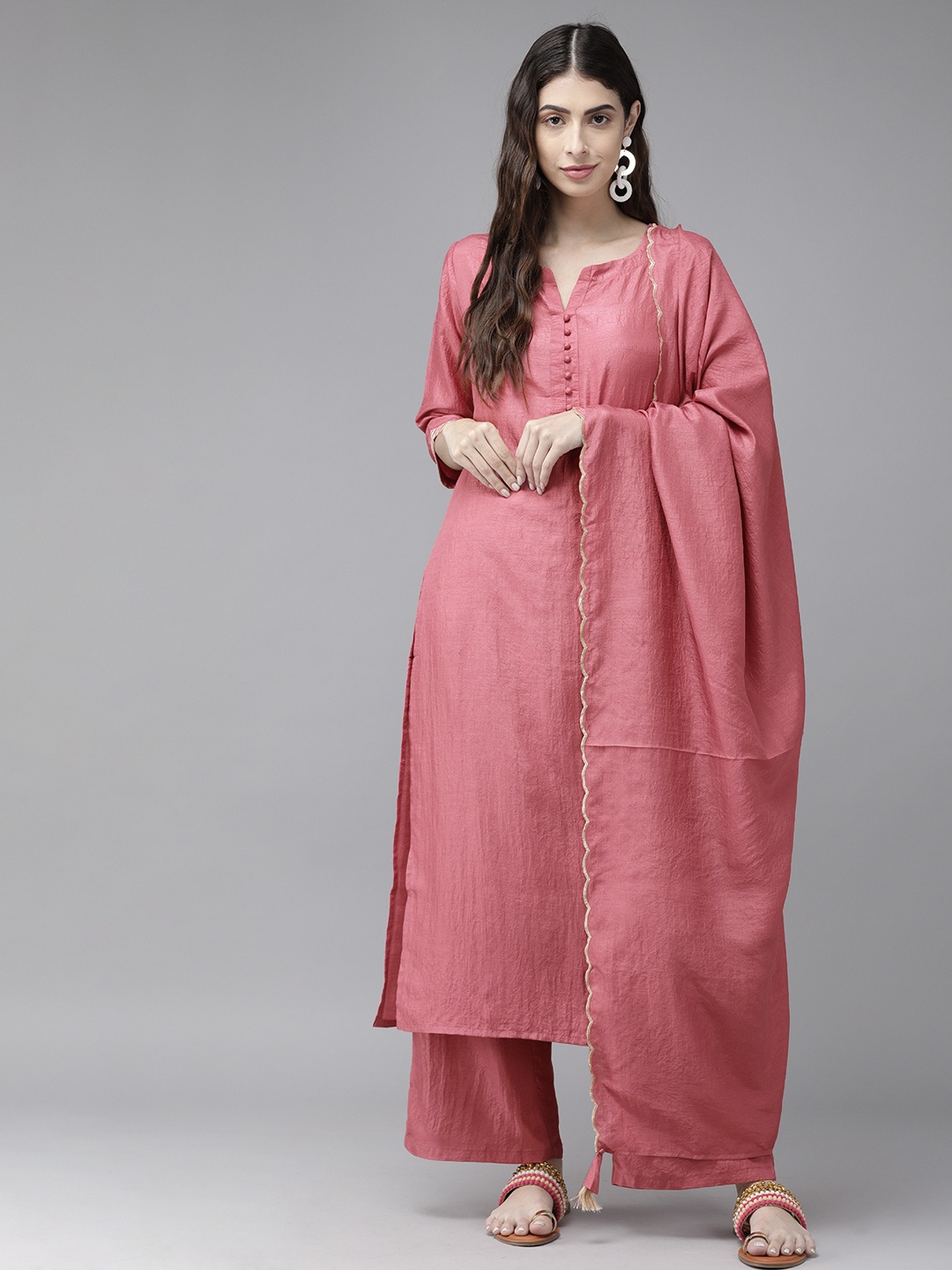 

Indo Era Women Pink Solid Kurta with Palazzos & Dupatta