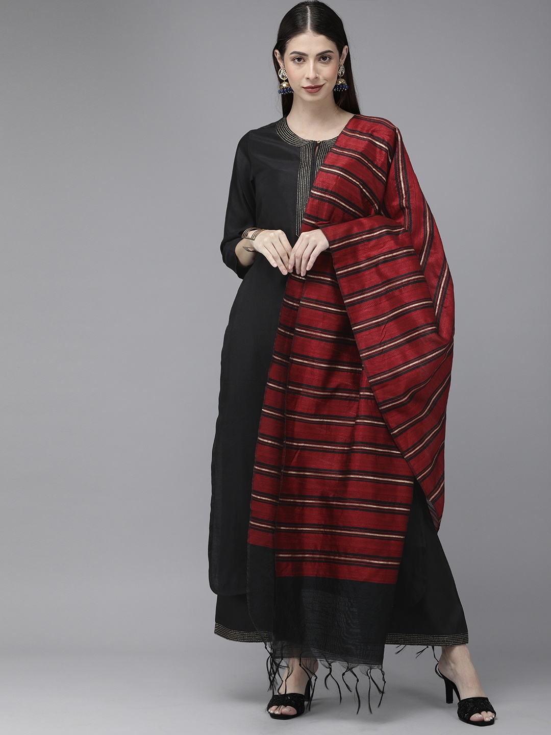 

Indo Era Women Black & Red Yoke Design Regular Kurta with Palazzos & Dupatta