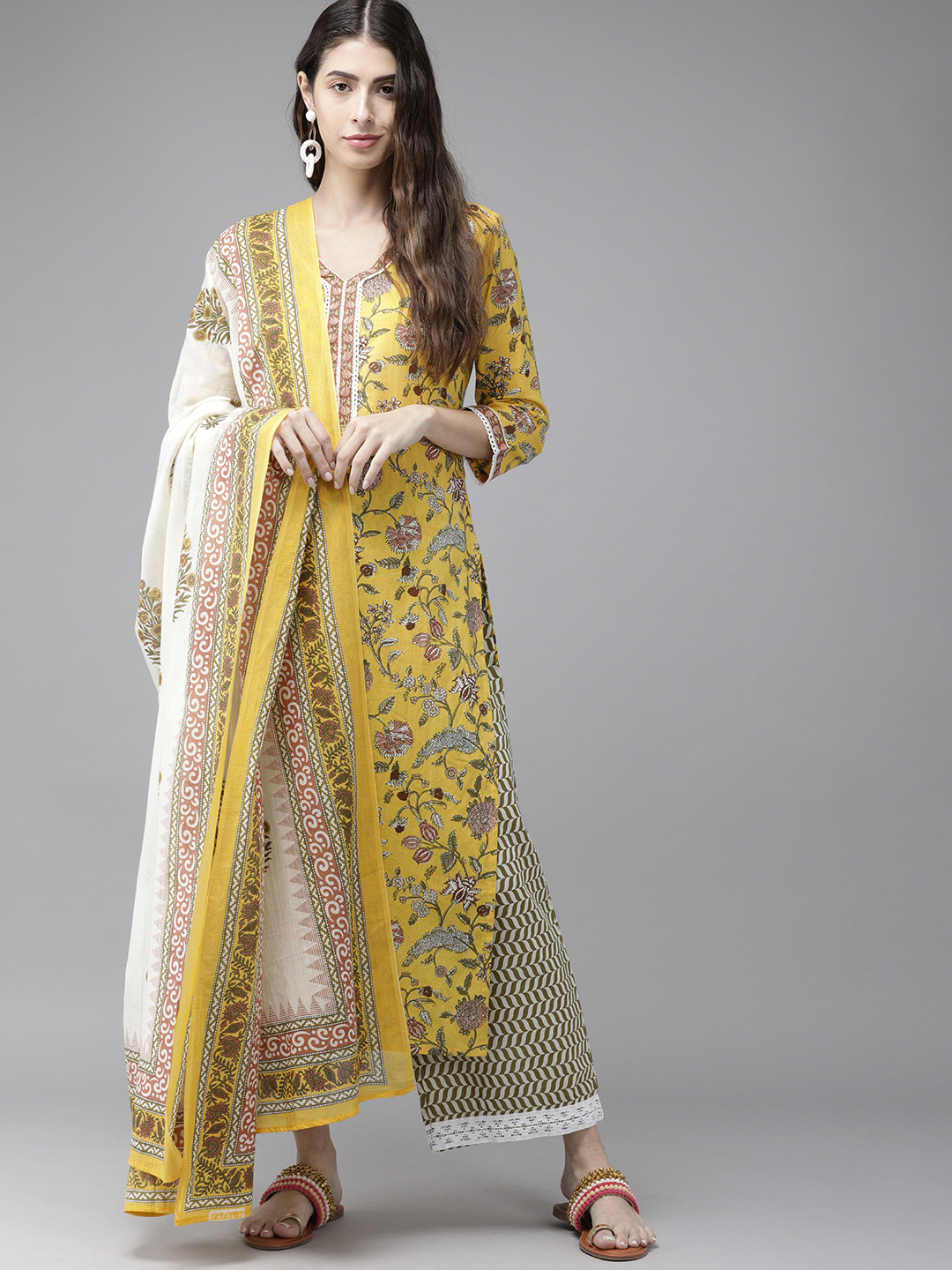 

Indo Era Women Yellow & Green Floral Printed Pure Cotton Kurta with Palazzos & Dupatta