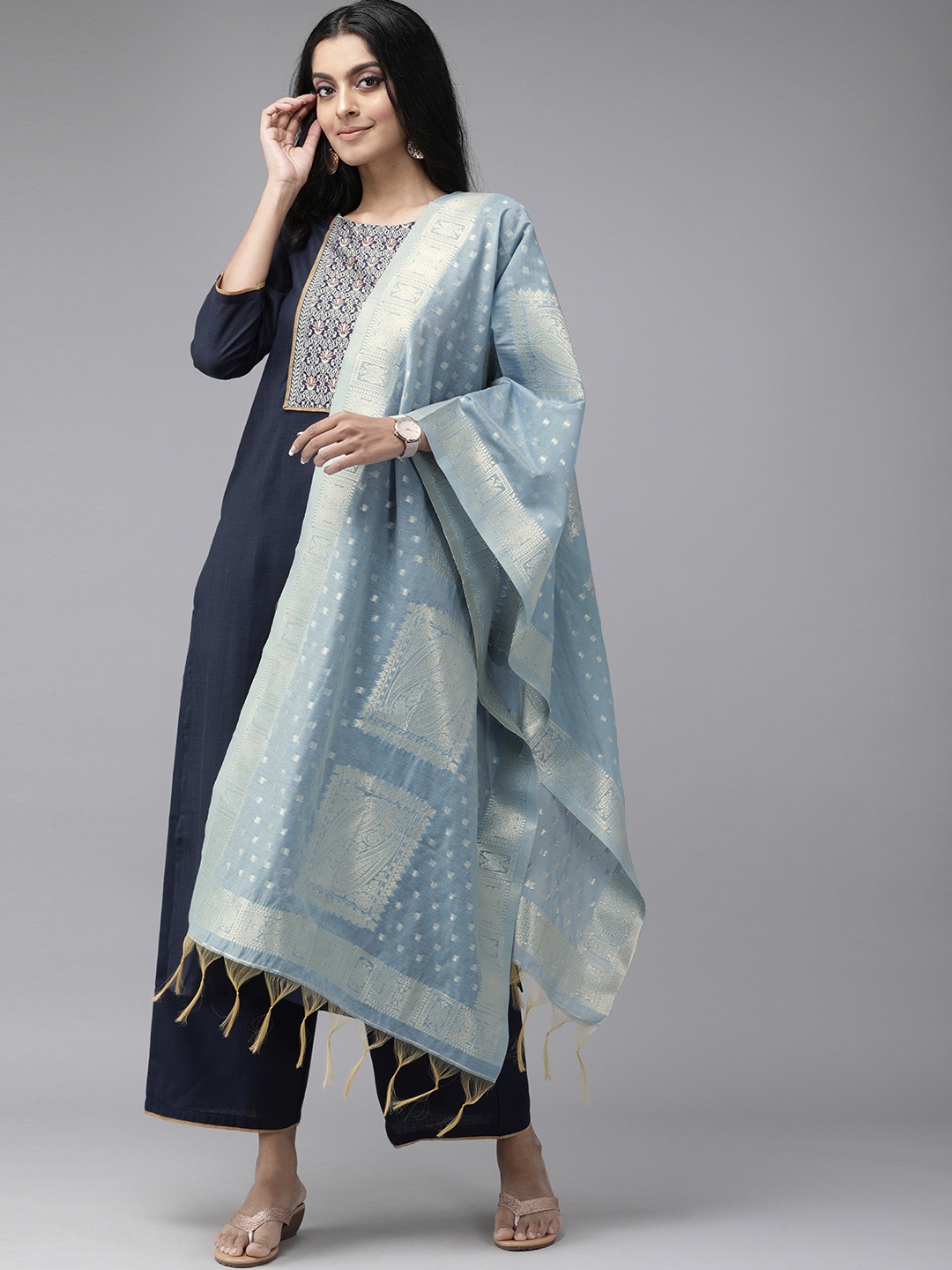 

Indo Era Women Navy Blue & White Yoke Design Pure Cotton Kurta with Palazzos & Dupatta