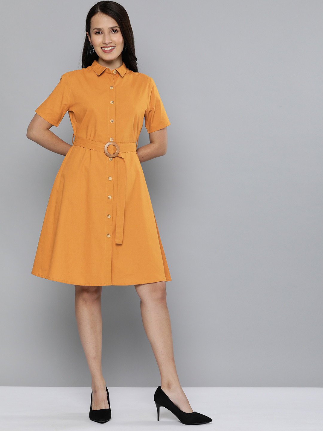

Chemistry Orange Solid Cotton Shirt Dress with Belt