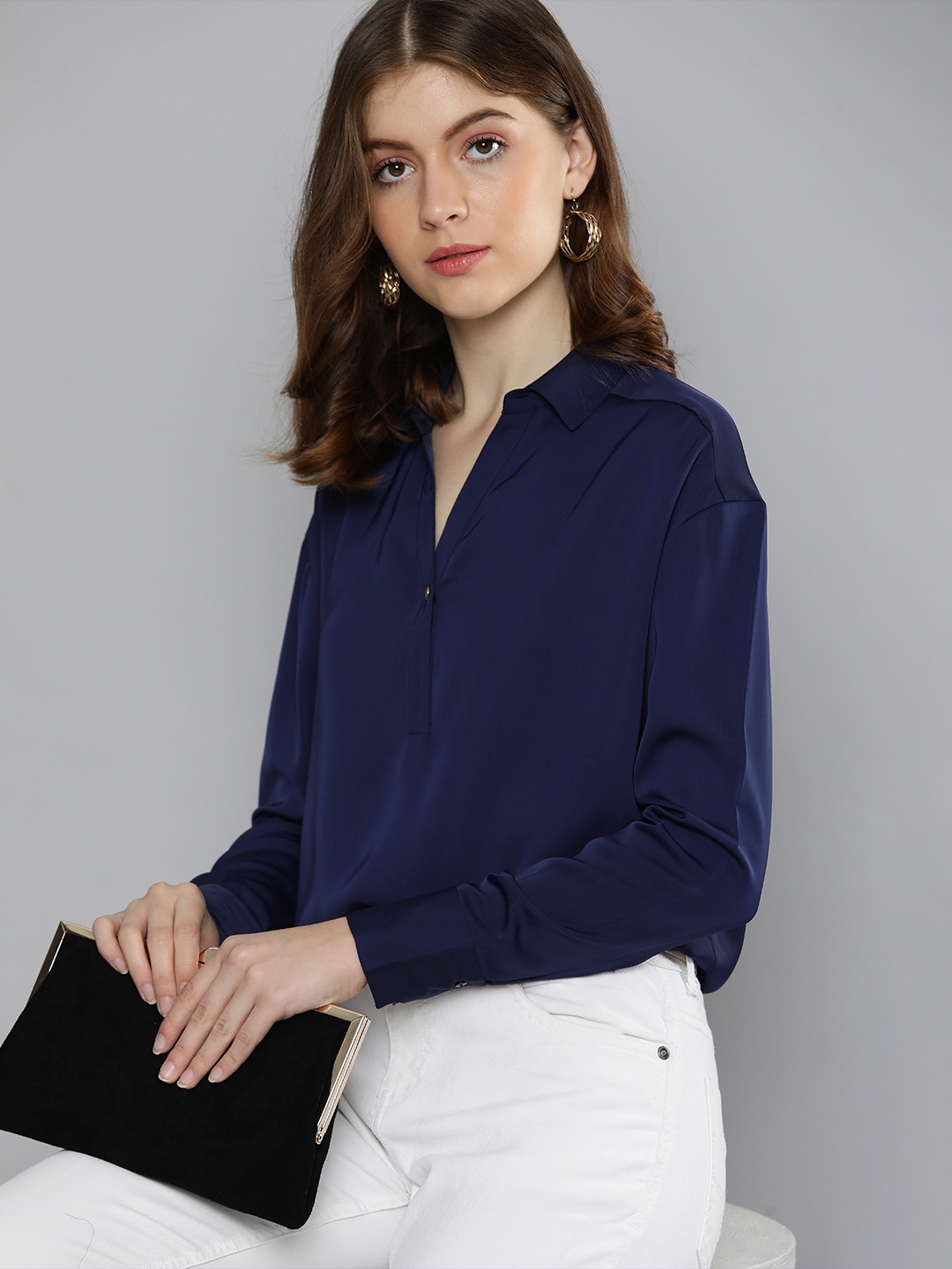 

Chemistry Navy Blue Solid Shirt Style Top