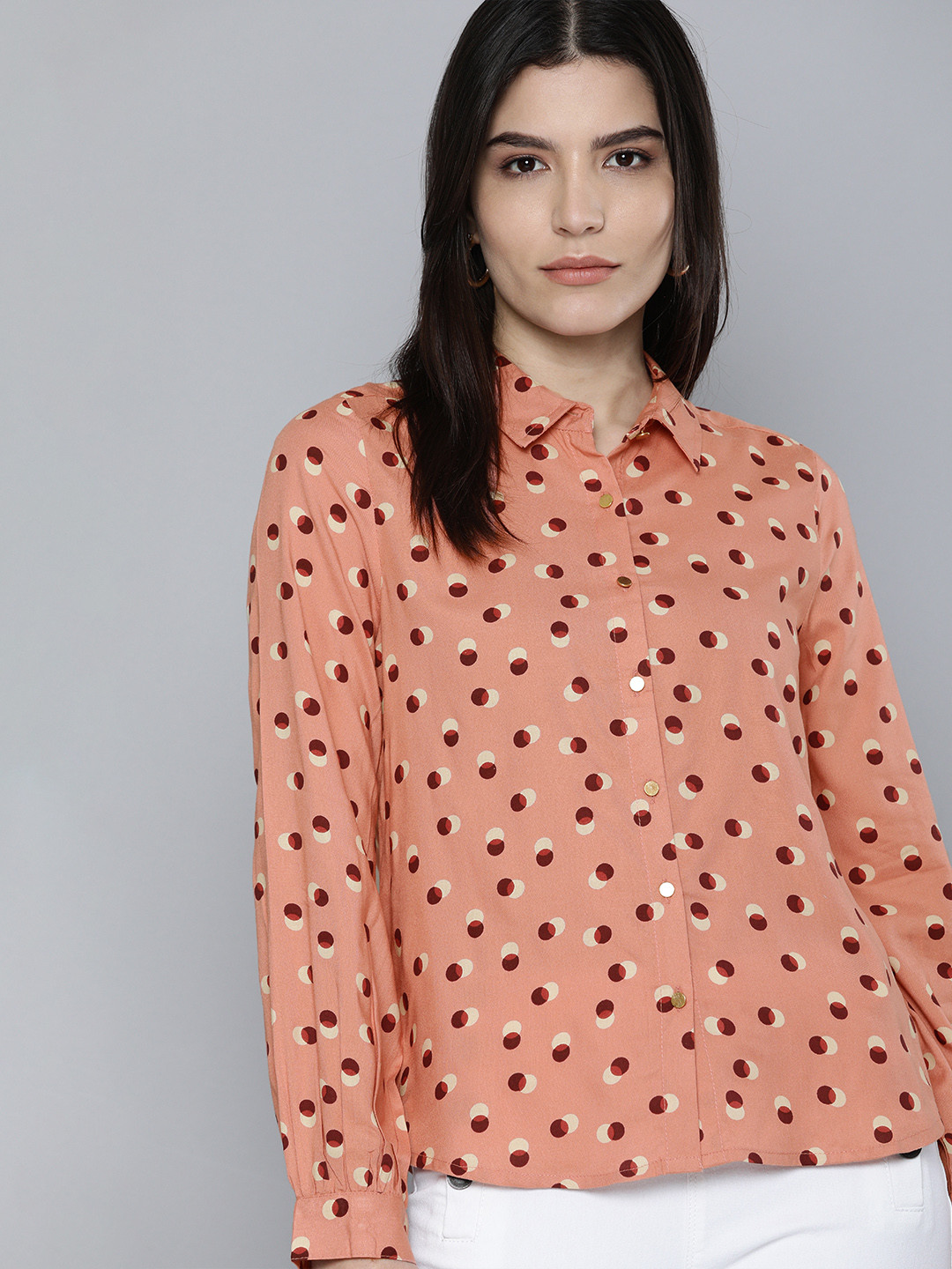 

Chemistry Women Peach & Maroon Printed Casual Shirt