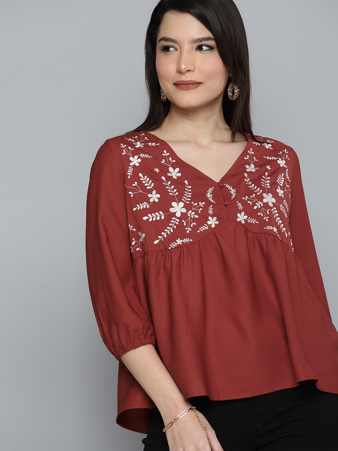 

Chemistry Red Floral Embroidered V-Neck Empire Top