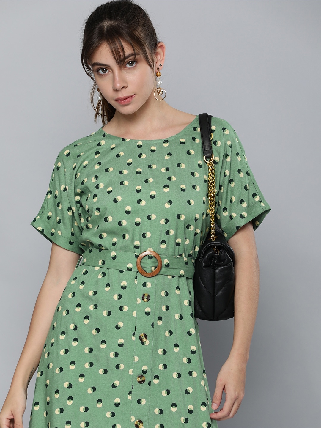 

Chemistry Olive Green Polka Dot Printed Fit N Flare Maxi Dress