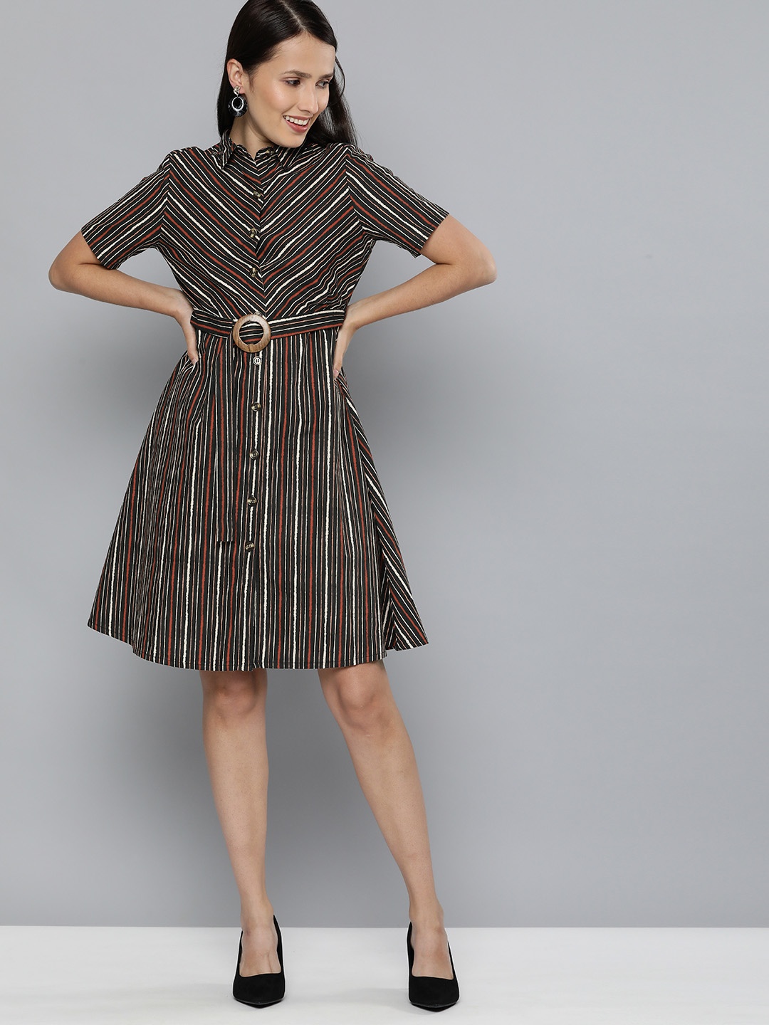 

Chemistry Black & Off White Cotton Shirt Dress with Belt