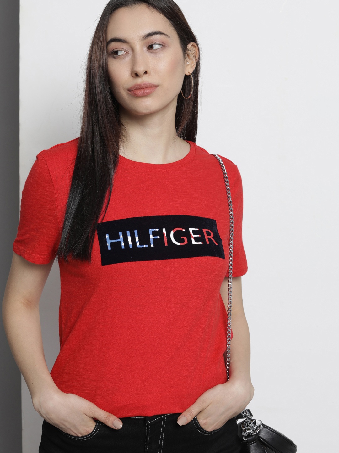 

Tommy Hilfiger Women Red Typography Printed Pure Cotton T-shirt