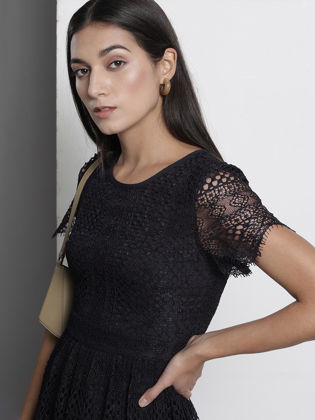 

Tommy Hilfiger women Navy Blue Self-design Lace Midi Dress, Black