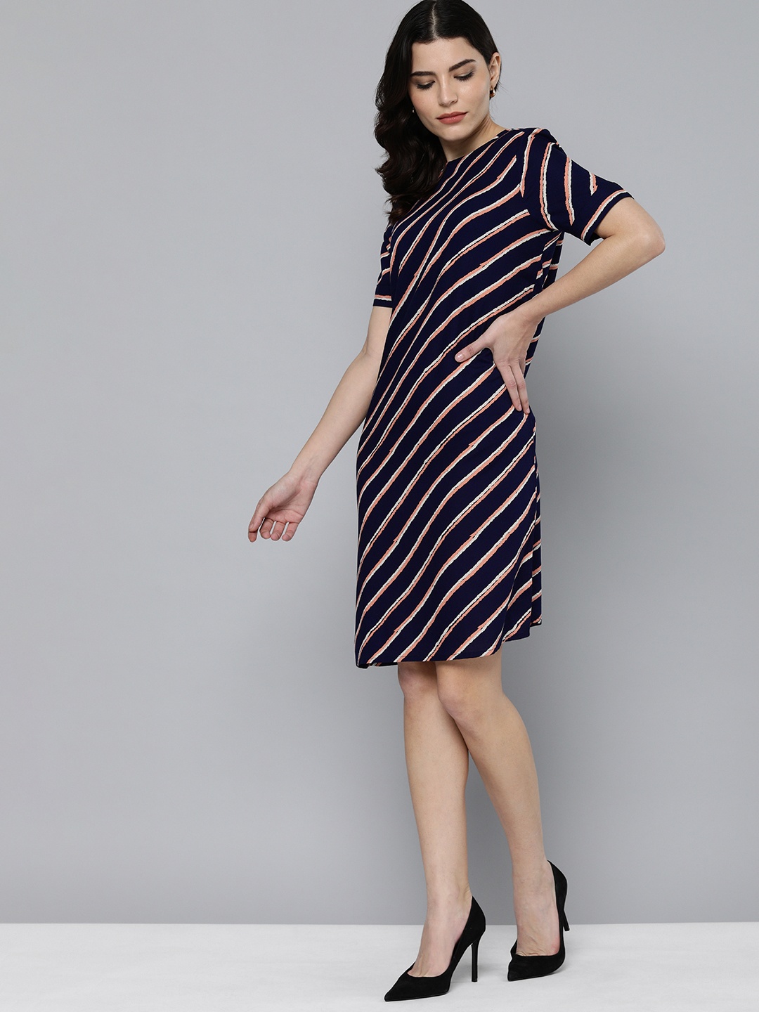 

Chemistry Navy Blue & Pink Striped A-Line Dress