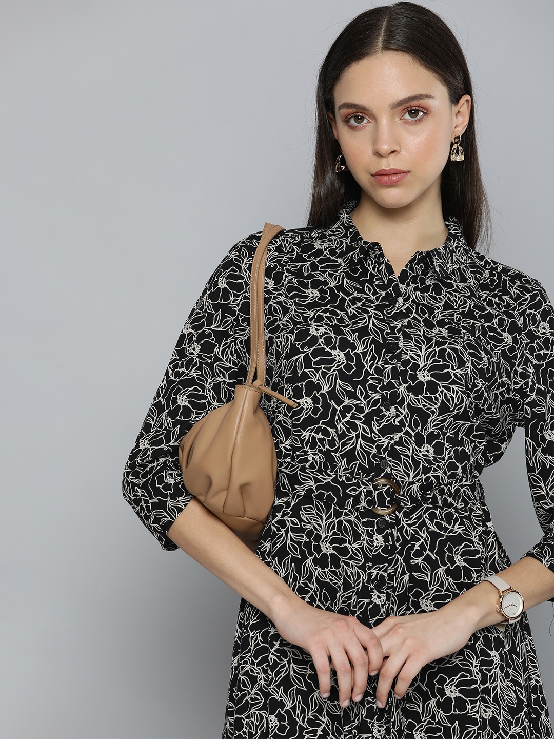 

Chemistry Black & White Floral Printed Midi Shirt Dress