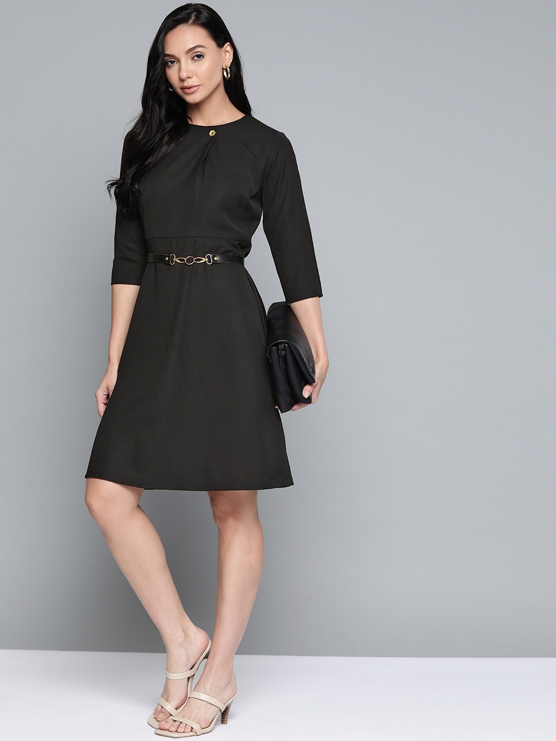 

Chemistry Black Solid A-Line Dress with Belt