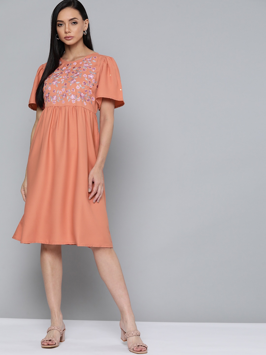 

Chemistry Peach Floral Embroidered Fit & Flare Dress