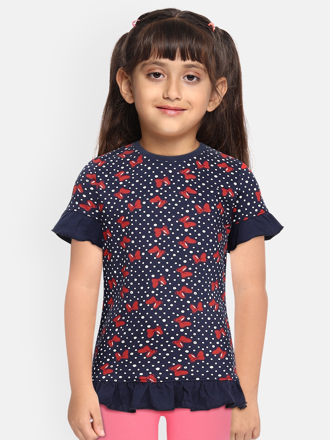 

Disney By Miss and Chief Girls Navy Blue & Red Bow Printed Ruffles Pure Cotton Top