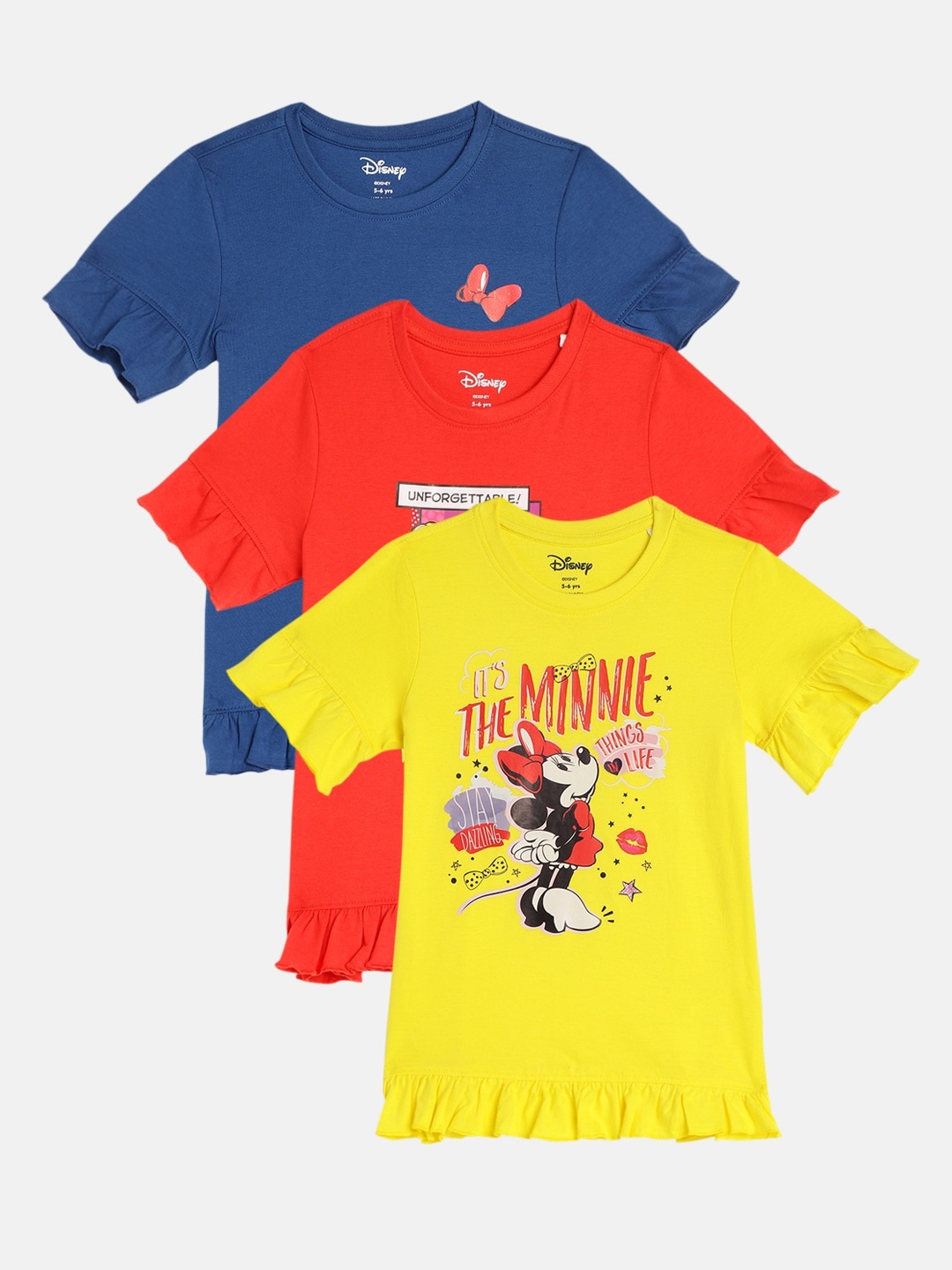 

Disney By Miss and Chief Girls Pack of 3 Printed Pure Cotton T-shirts, Red
