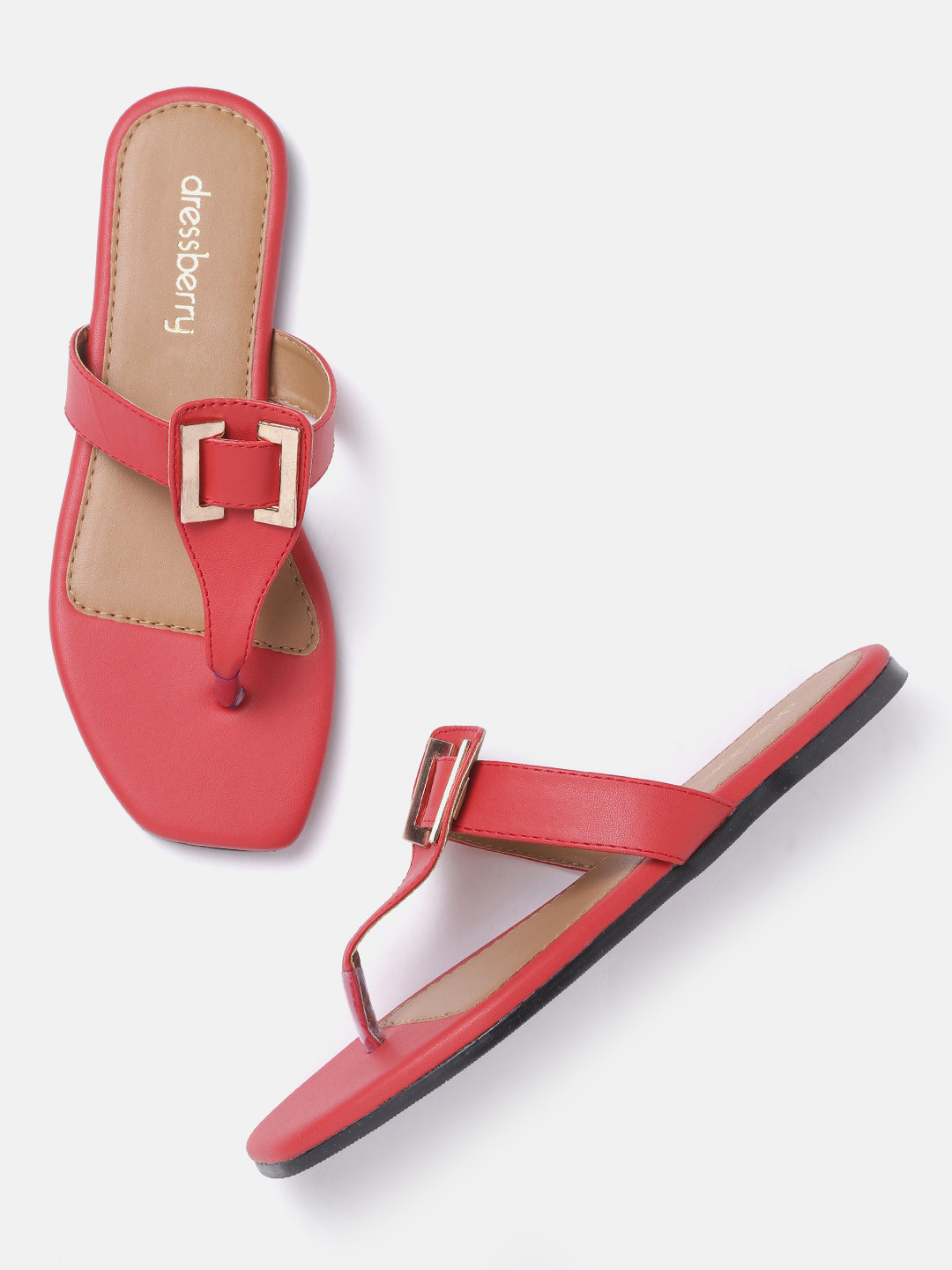 

DressBerry Women Red Solid T-Strap Flats