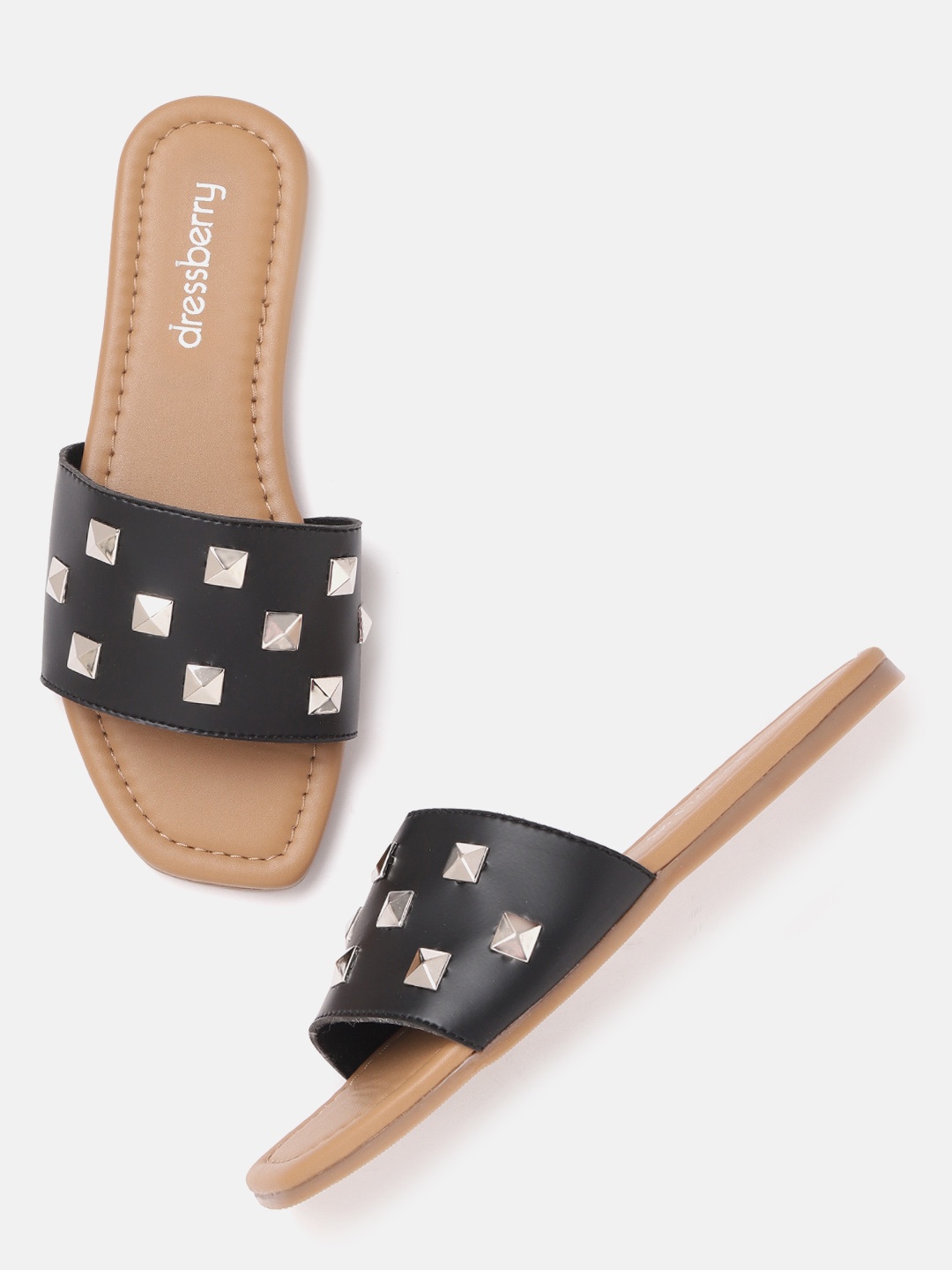 

DressBerry Women Black & Silver-Toned Studded Open Toe Flats