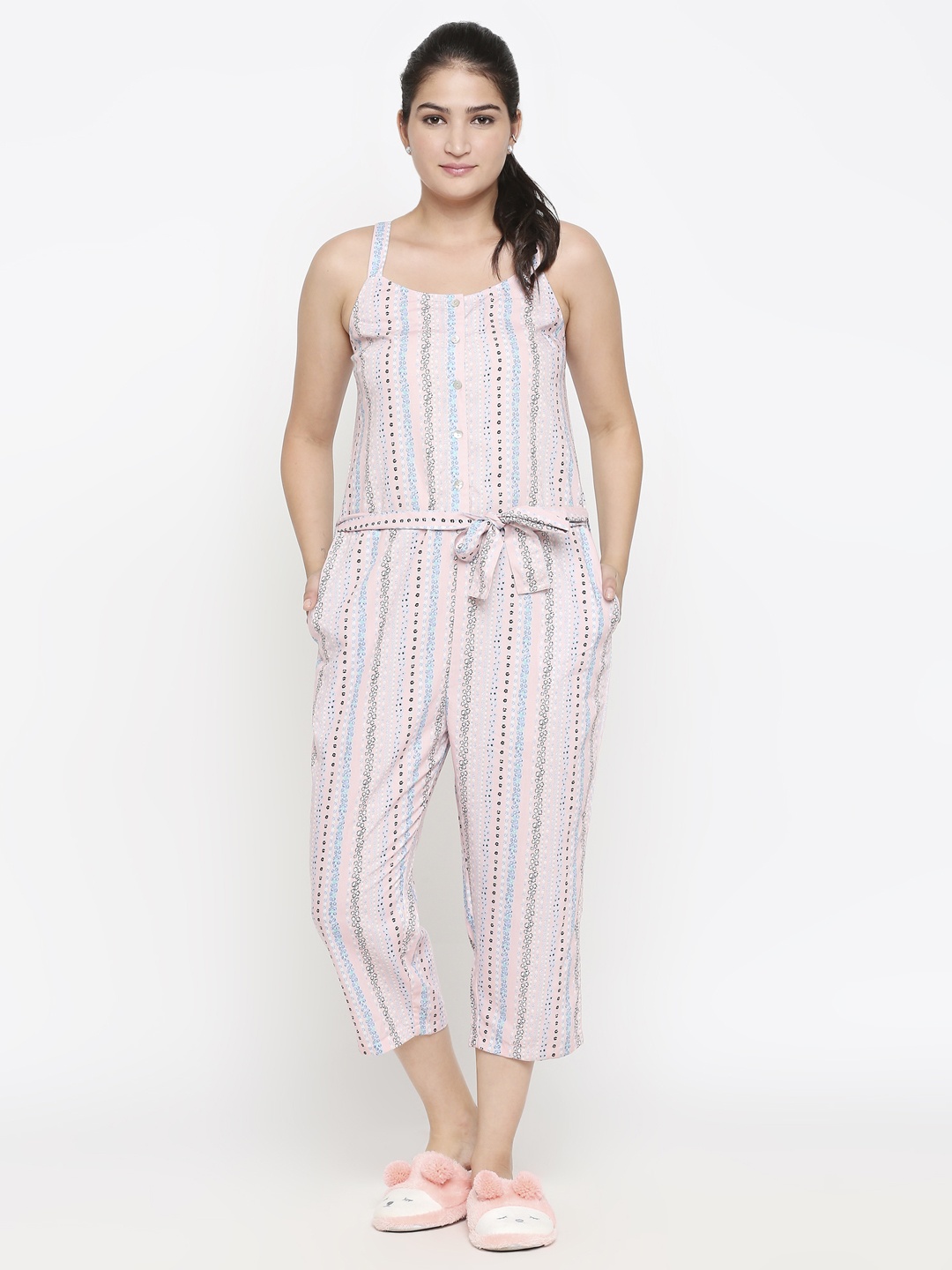 

XIN Pink & Blue Striped Basic Jumpsuit