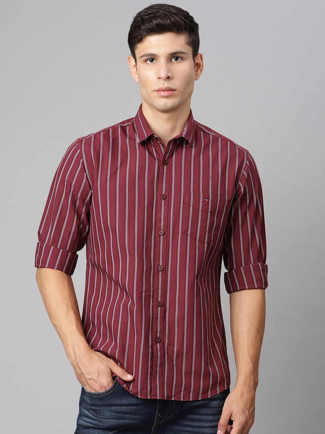 

Louis Philippe Sport Men Maroon & White Pure Cotton Slim Fit Striped Casual Shirt