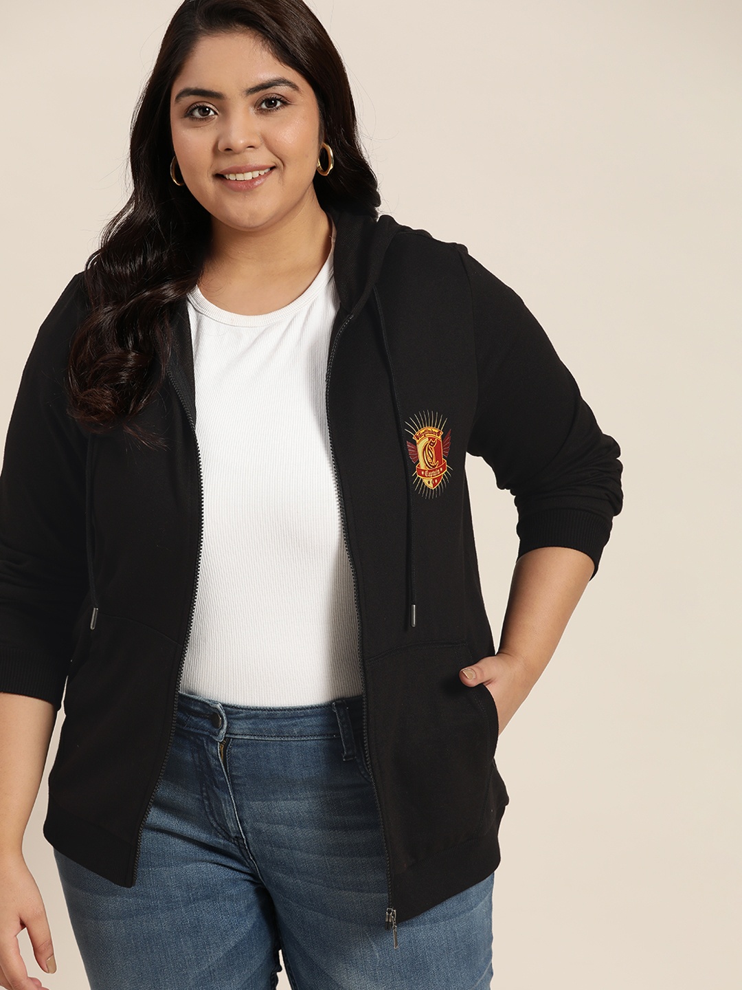 

Harry Potter By Sztori Women Plus Size Black Hooded Sweatshirt with Placement Graphic & Contrast Tipping