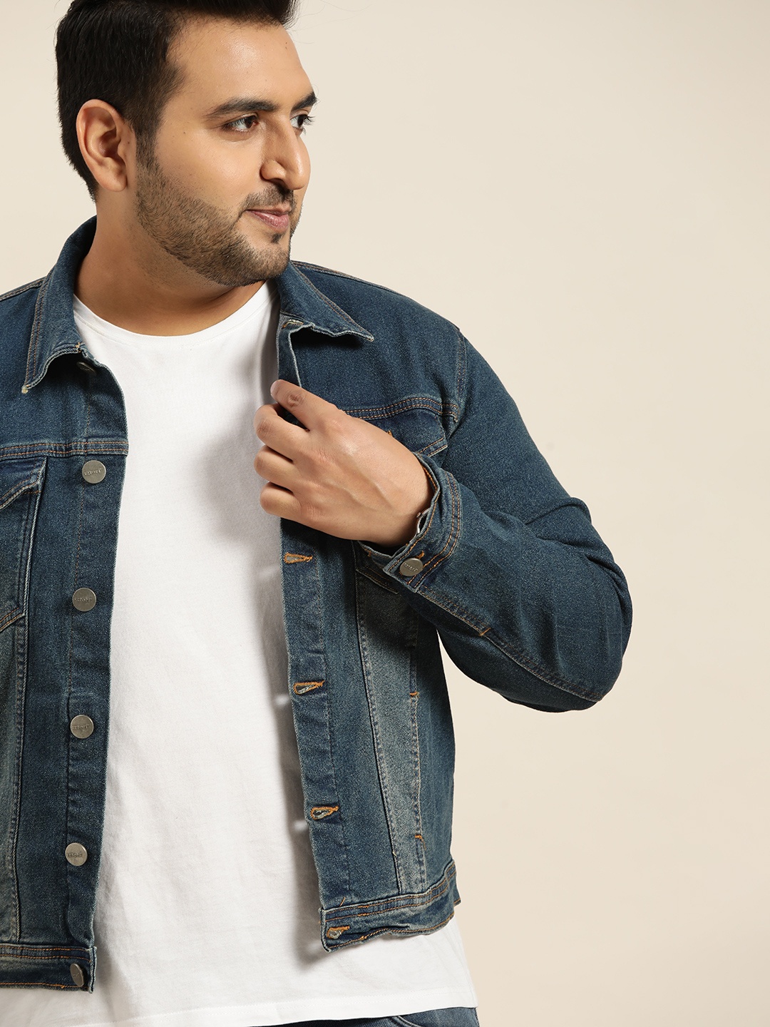 

Sztori Men Plus Size Navy Blue Washed Denim Jacket