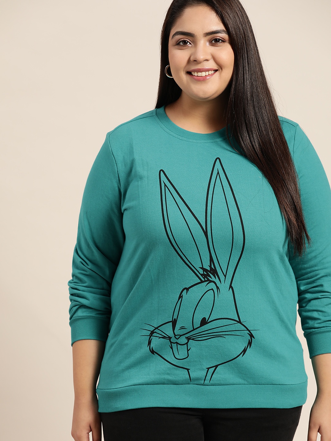 

Looney Tunes By Sztori Women Plus Size Teal Blue & Black Bugs Bunny Print Sweatshirt