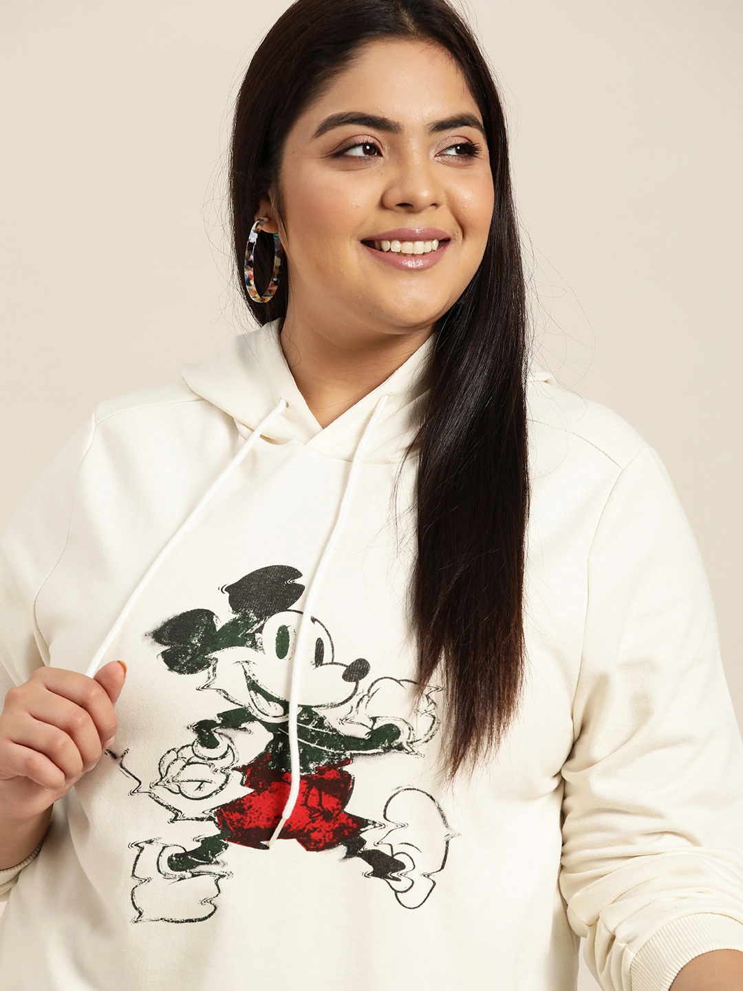 

Sztori Disney Plus Size Women White & Black Mickey Mouse Printed Hooded Sweatshirt