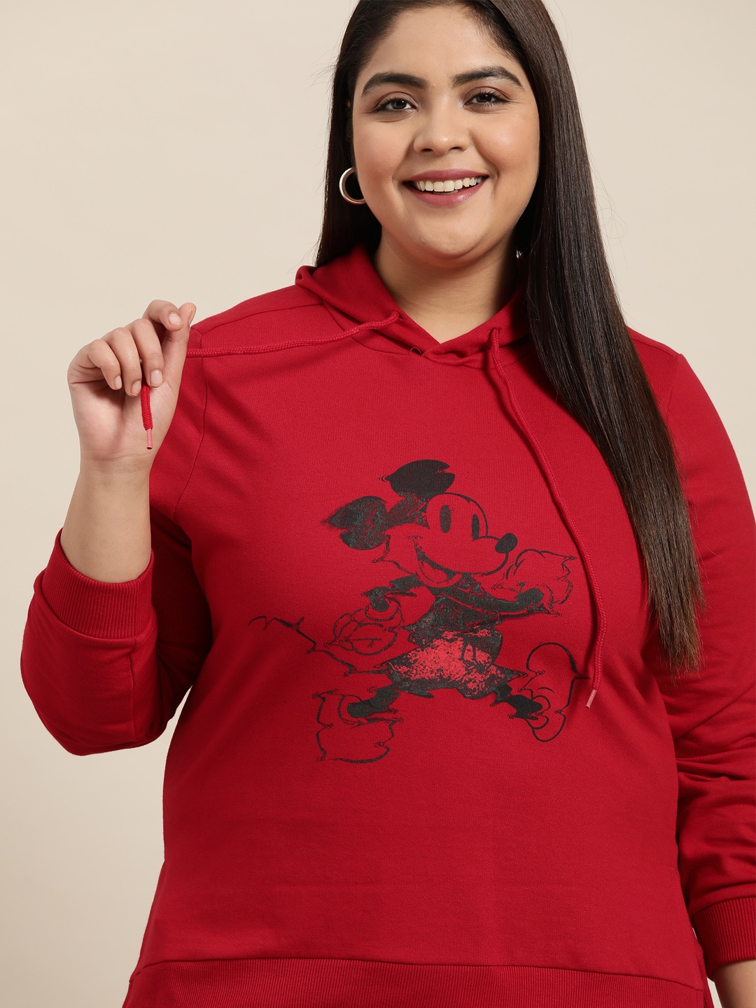 

Sztori Disney Women Plus Size Red & Black Mickey Mouse Printed Hooded Sweatshirt