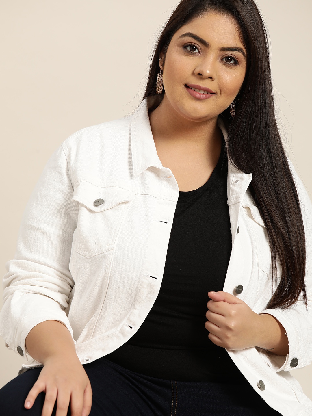 

Sztori Women Plus Size White Solid Denim Trucker Jacket