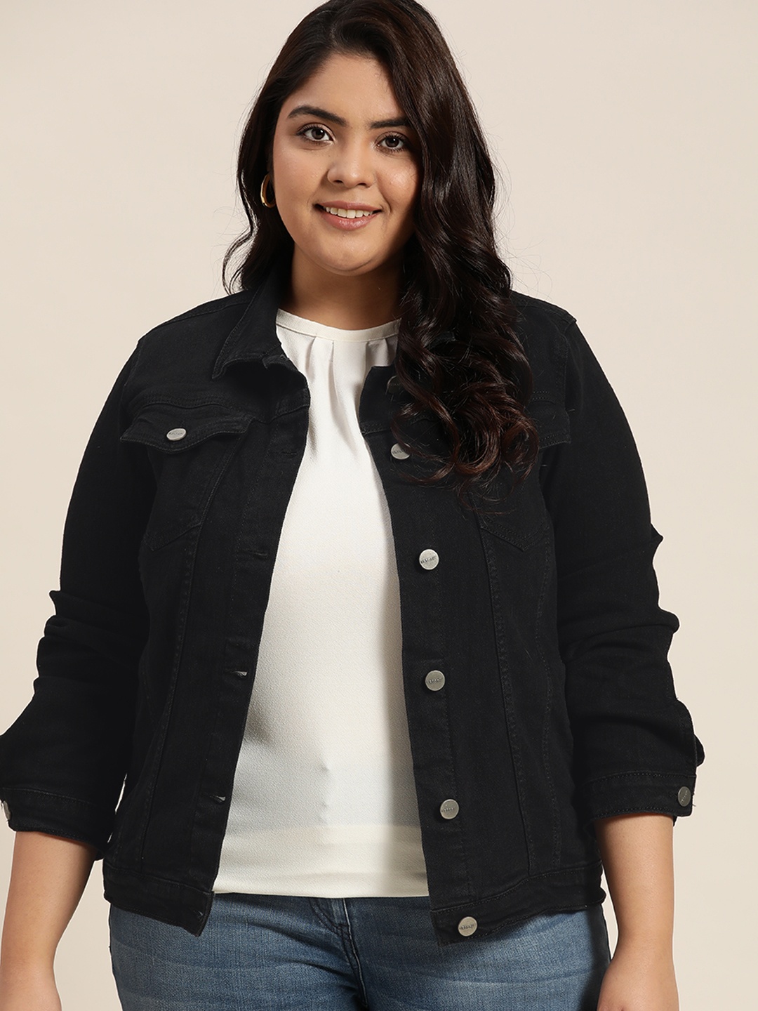 

Sztori Women Plus Size Black Solid Denim Trucker Jacket