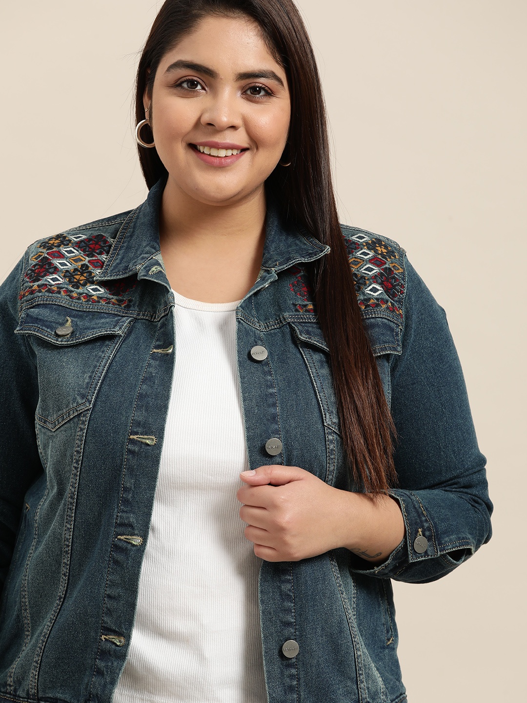 

Sztori Women Plus Size Blue Solid Denim Jacket with Embroidered Detail