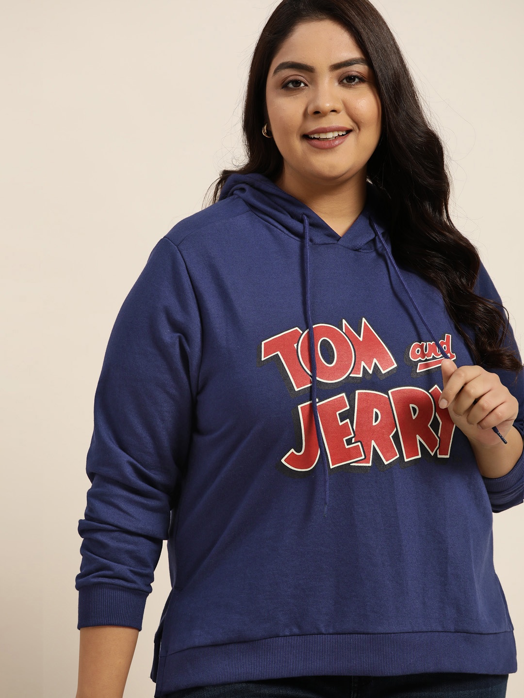 

Tom & Jerry By Sztori Women Plus Size Navy Blue & Orange Tom & Jerry Printed Hooded Sweatshirt