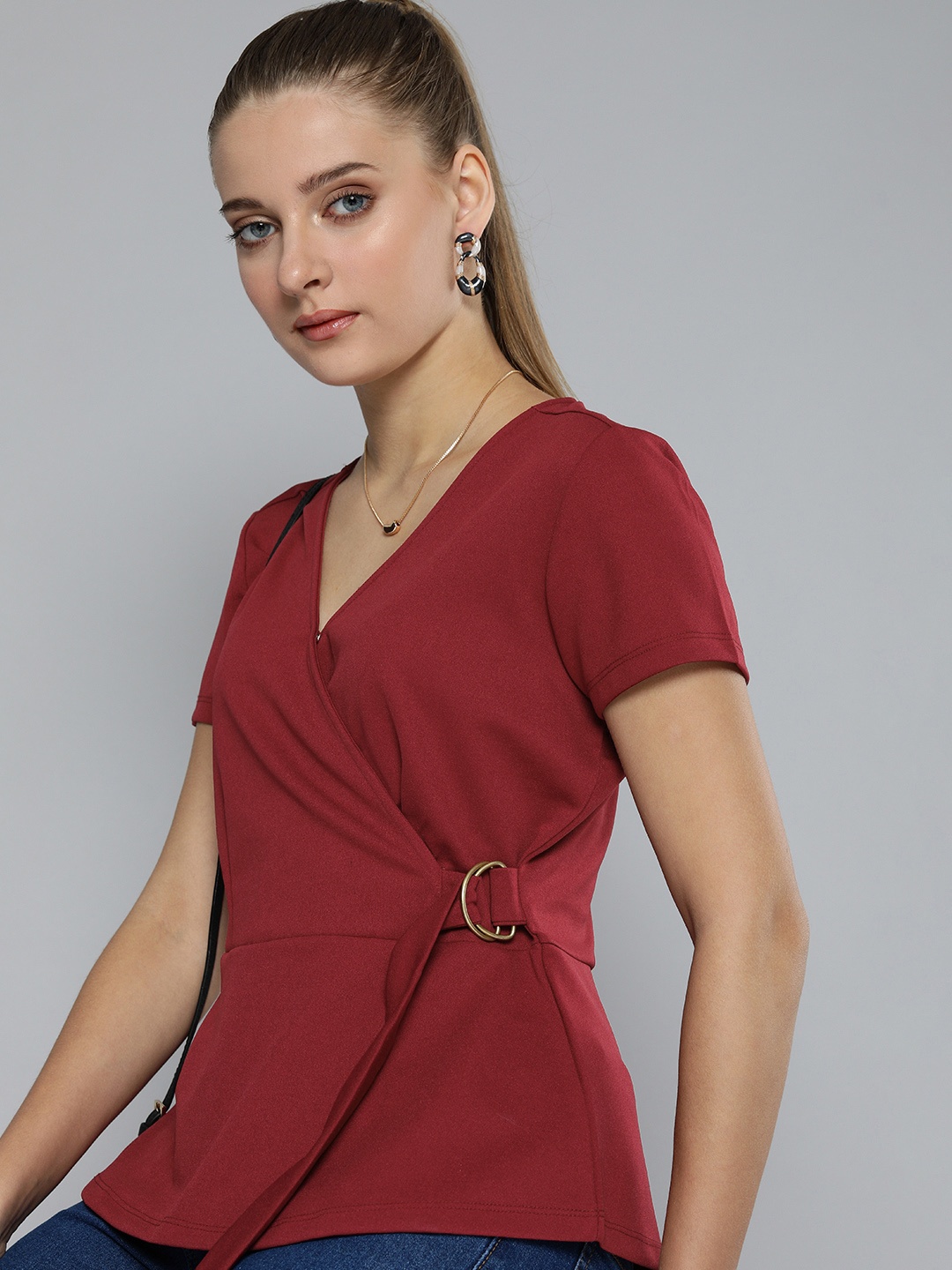 

Chemistry Women Maroon Solid V-Neck Wrap Top With Tie-Up Detail