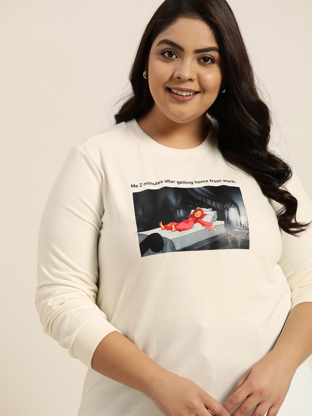 

Sztori Disney Plus Size Women Off White Printed Sweatshirt