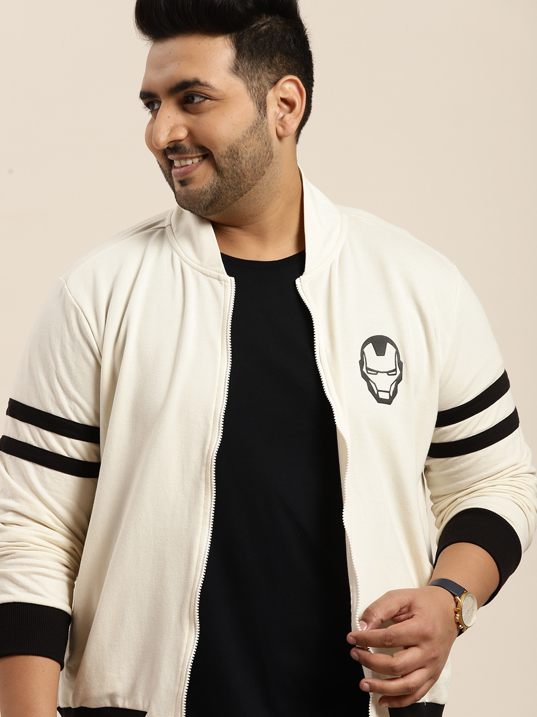 

Sztori Marvel Plus Size Men Off White Solid Front Open Sweatshirt with Iron Man Print