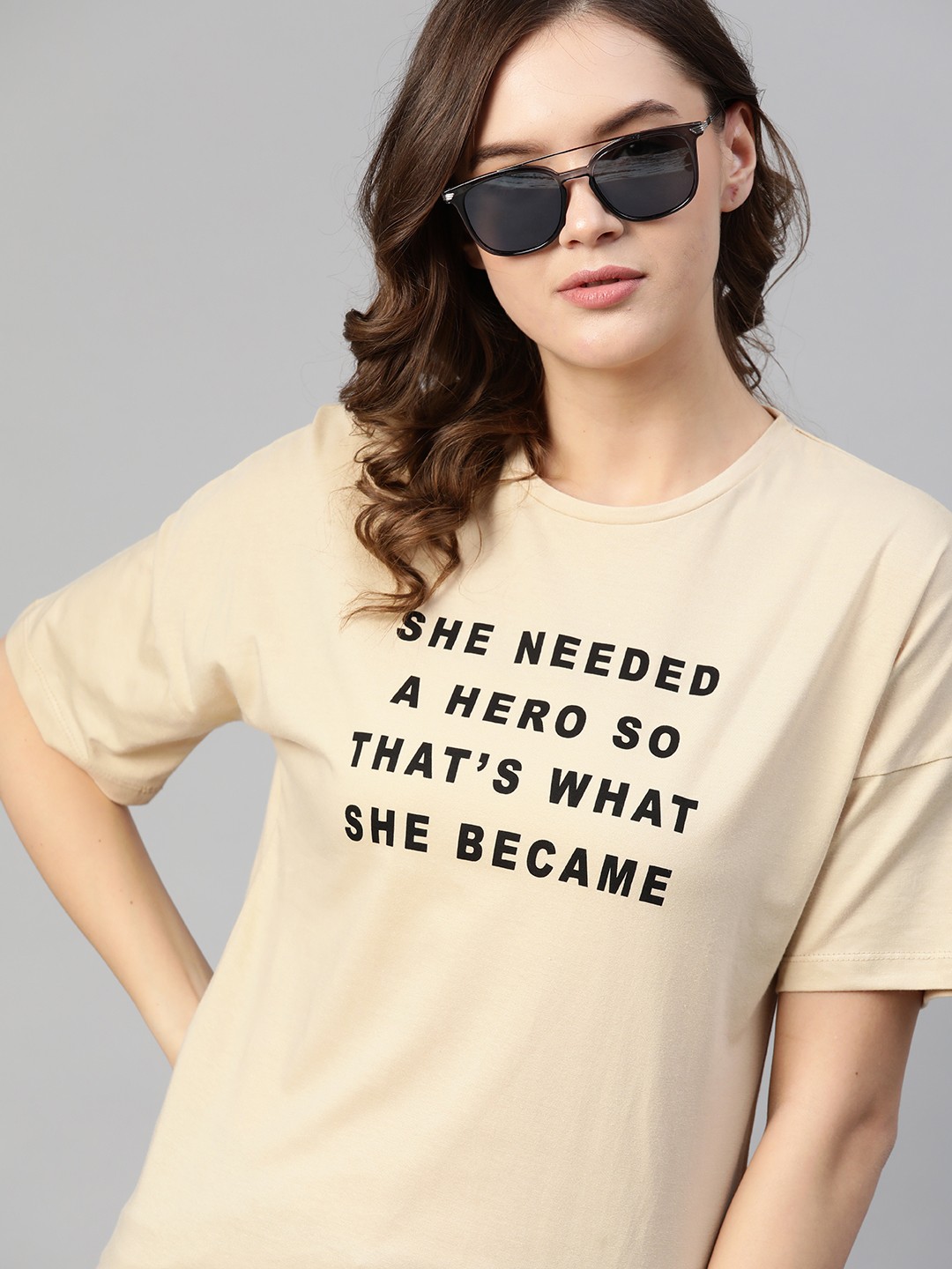 

Kook N Keech Women Beige Typography Printed Drop-Shoulder Sleeves T-shirt
