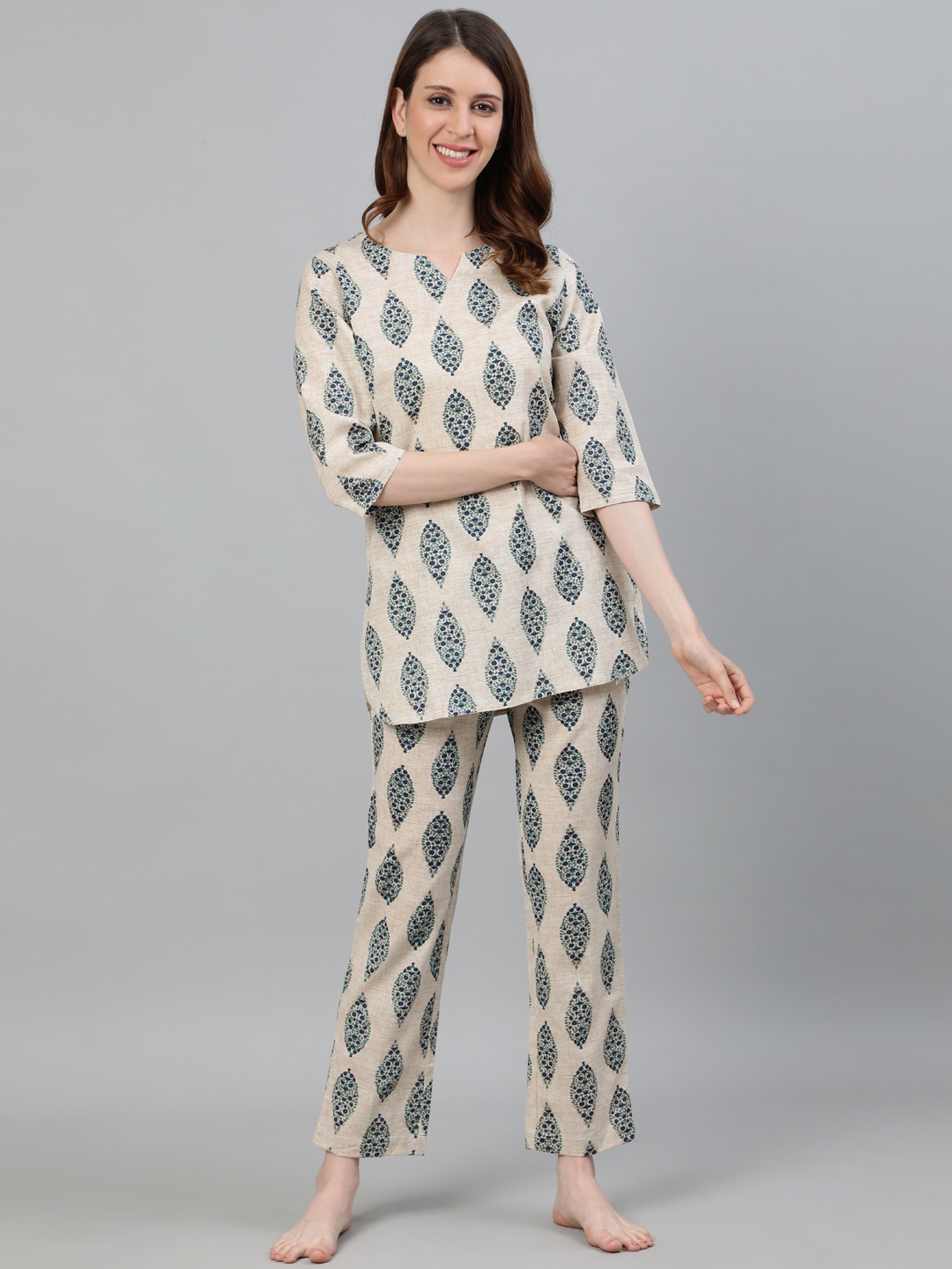 

Jaipur Kurti Women Cream & Navy Blue Printed Cotton Night Suit