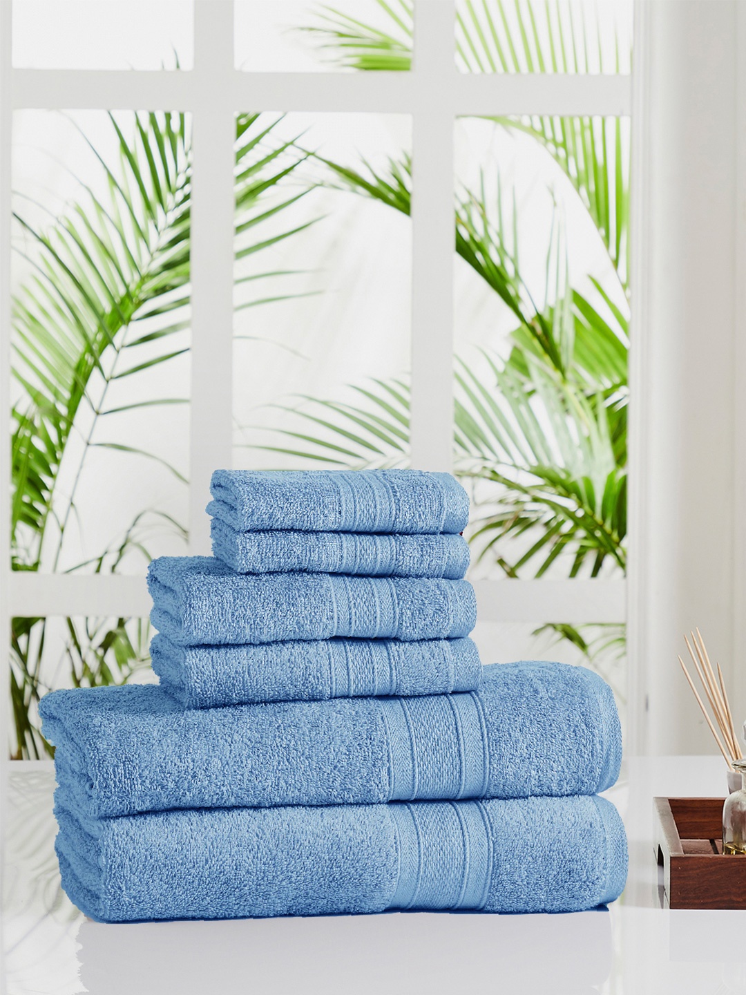 

MYTRIDENT Set Of 6 Blue Solid 500 GSM Cotton Towels Set