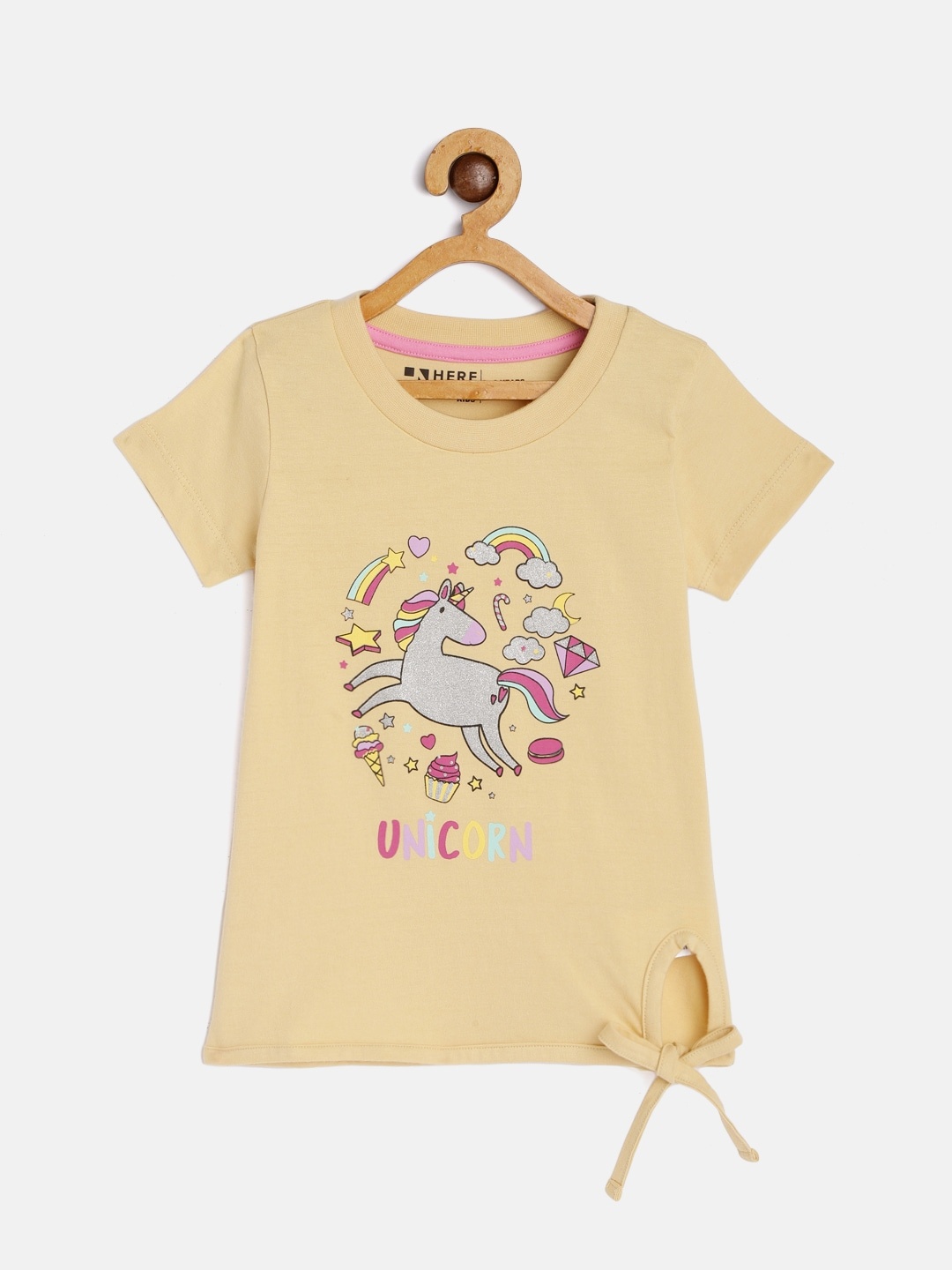 

HERE&NOW Girls Yellow Printed Cotton T-shirt
