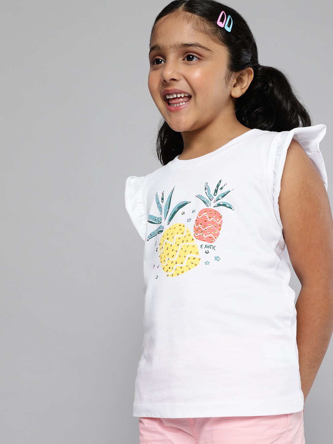 

HERE&NOW Girls White & Yellow Fruits Print Flutter Sleeve Pure Cotton Regular Top